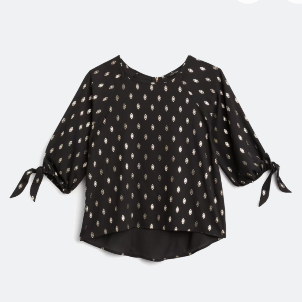 Papermoon Larie Tie sleeve foil print blouse, size small. Black and gold.